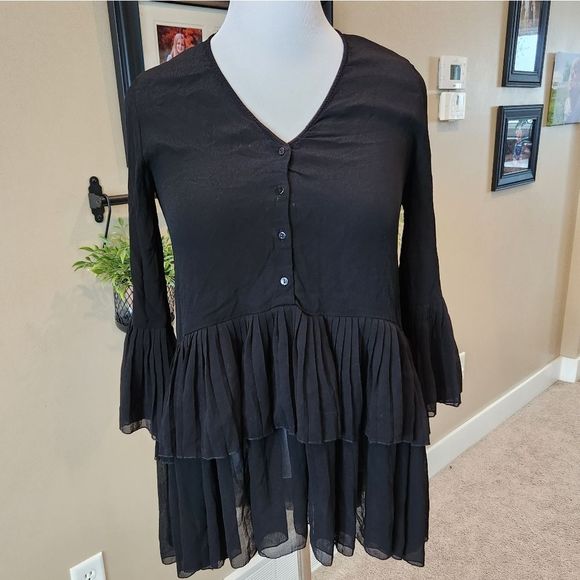 Zara Tops - Zara founcy tunic length black blouse / mini-dress Babydoll size Small